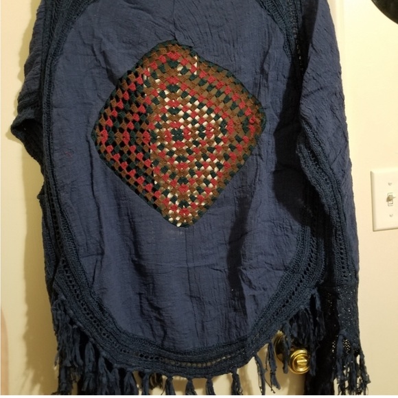 ODDY Boho Navy Fringe Linen Blend Kimono. One Size. NWT - Picture 3 of 10